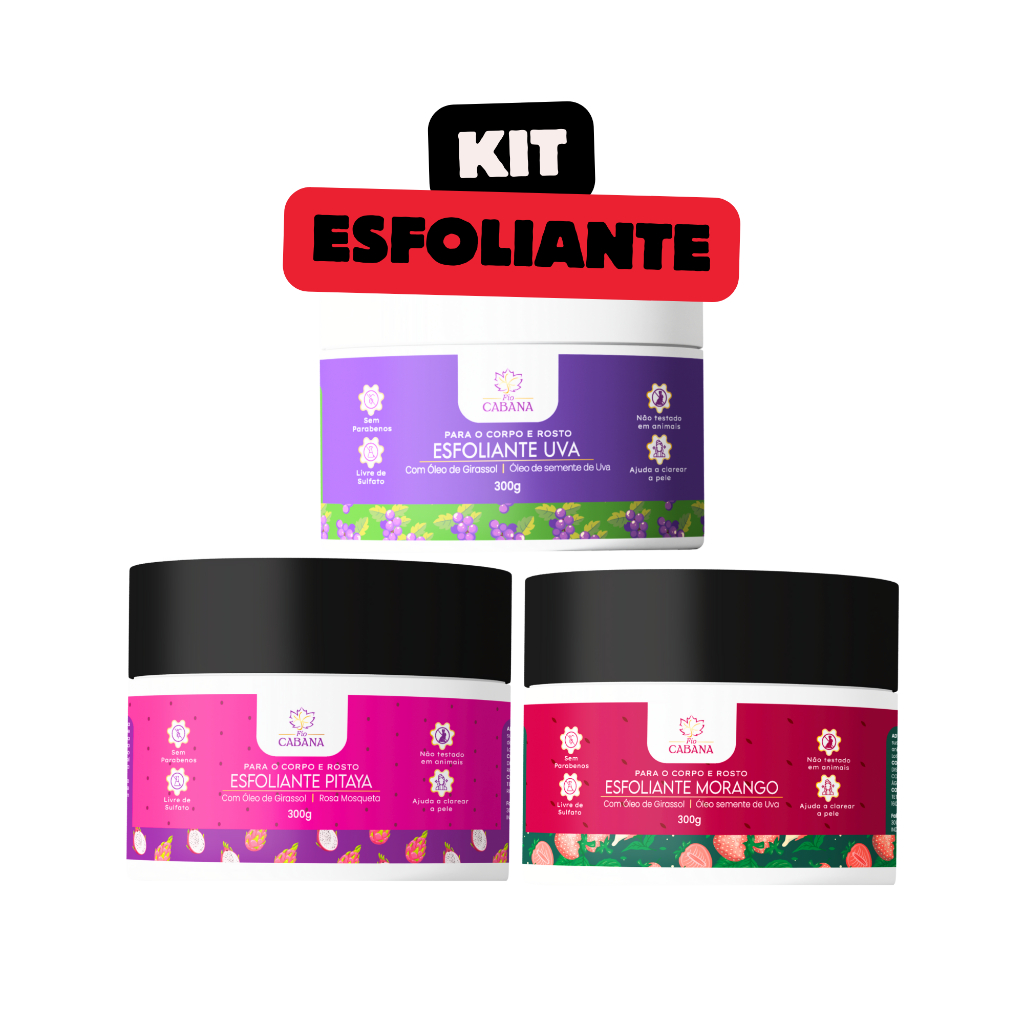 Kit 2 ou 3 Esfoliantes Fio Cabana 300g | Uva, Morango ou Pitaya | Hidratação e Renovação Total