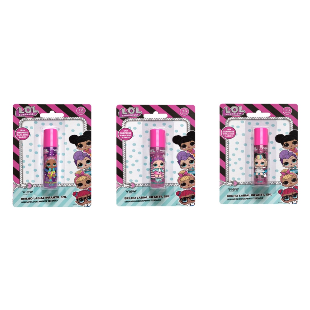 Kit 3 Brilhos Labiais Infantis LOL Surprise 5ml | Hipoalergênico | Dermatologicamente Testado