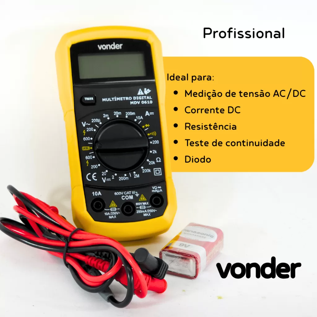 Multímetro Digital Profissional Bateria + Ponta de Prova Portátil, Elétrico, Original Teste – Vonder