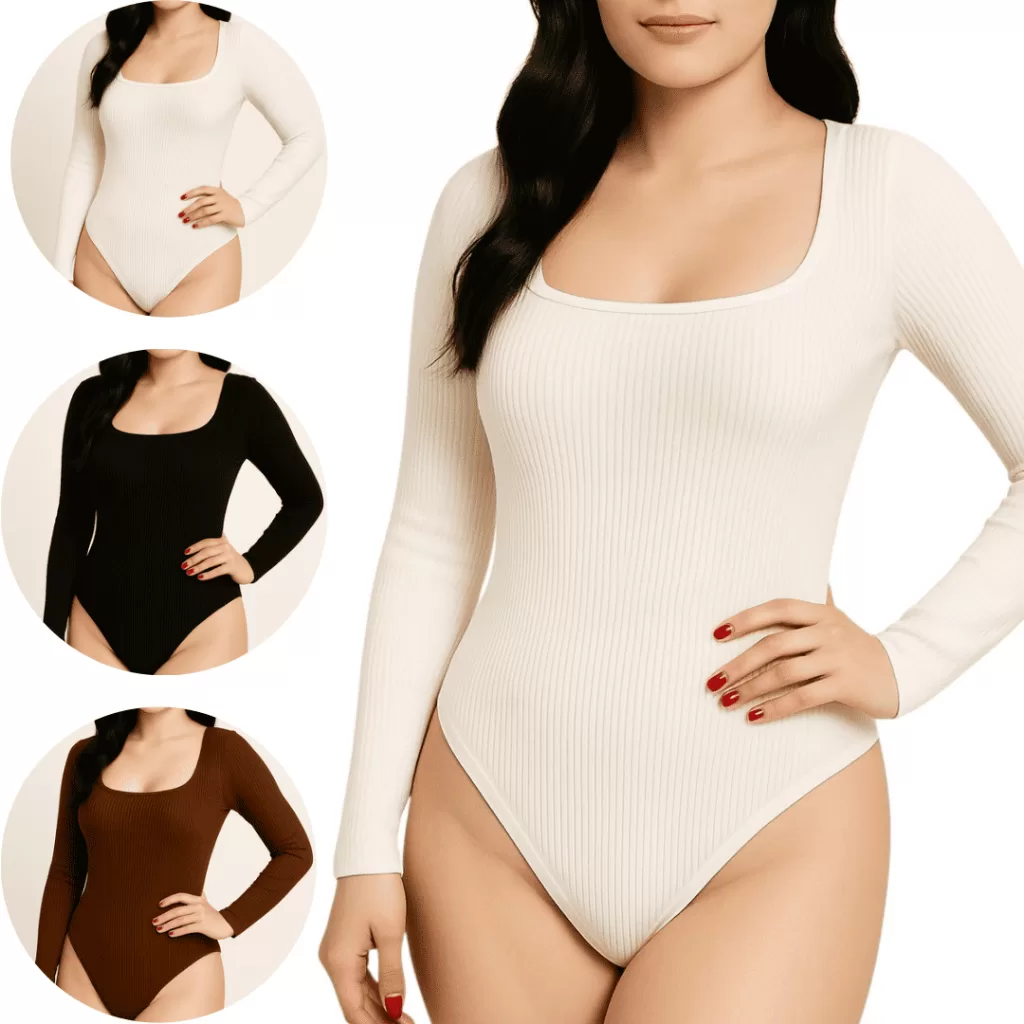 Kit 3 Body Feminino Manga Longa Decote Quadrado Básico Inverno Frio Bory Bori Anarruga