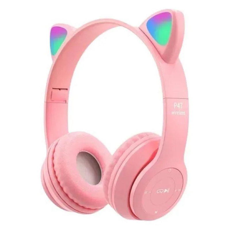 Fone gatinho P47 Bluetooth com LED, confortável e estiloso.