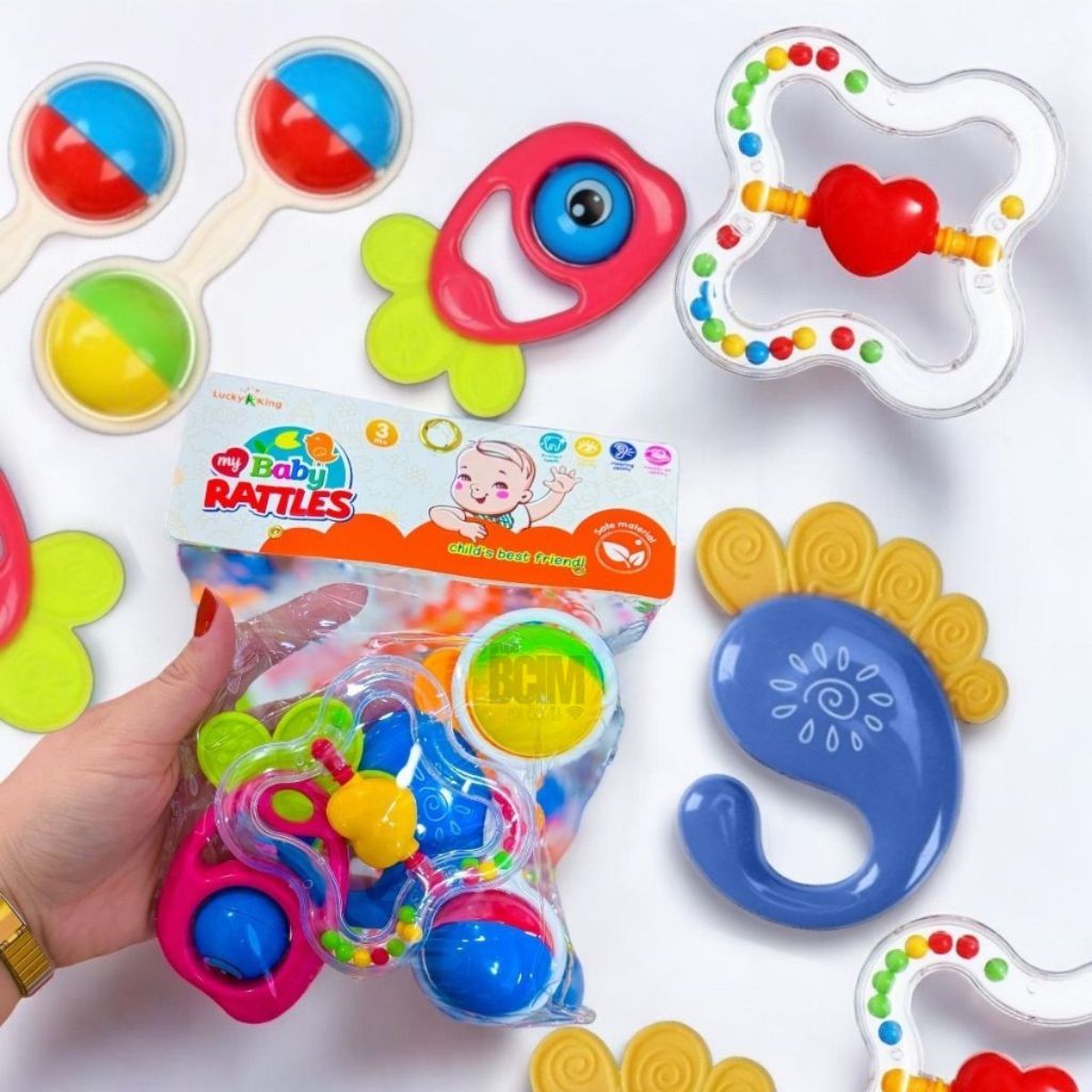 Brinquedos Para Bebê Kit com 4 pçs Chocalho e Mordedor Macio Colorido