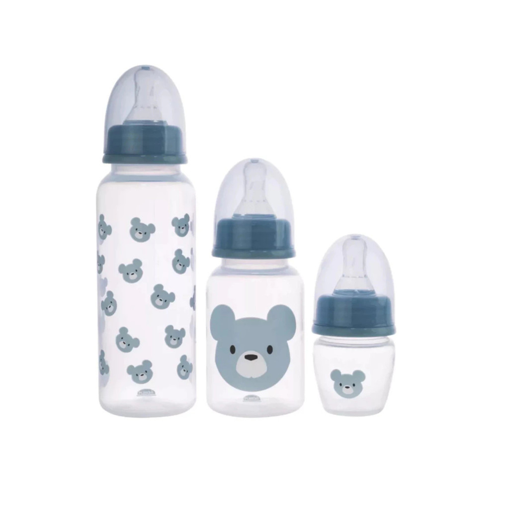 Kit 3 Mamadeiras Plasutil 250ml + 150ml + 40ml Bico Silicone Standard Urso Azul