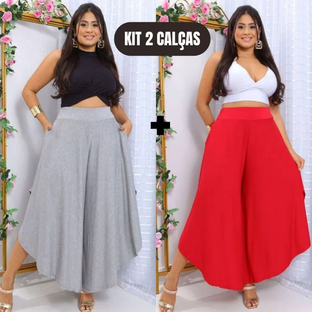 Kit 2  Calça Godê Feminina Midi size e Plus Size Calças Saia Pantacur Envelope