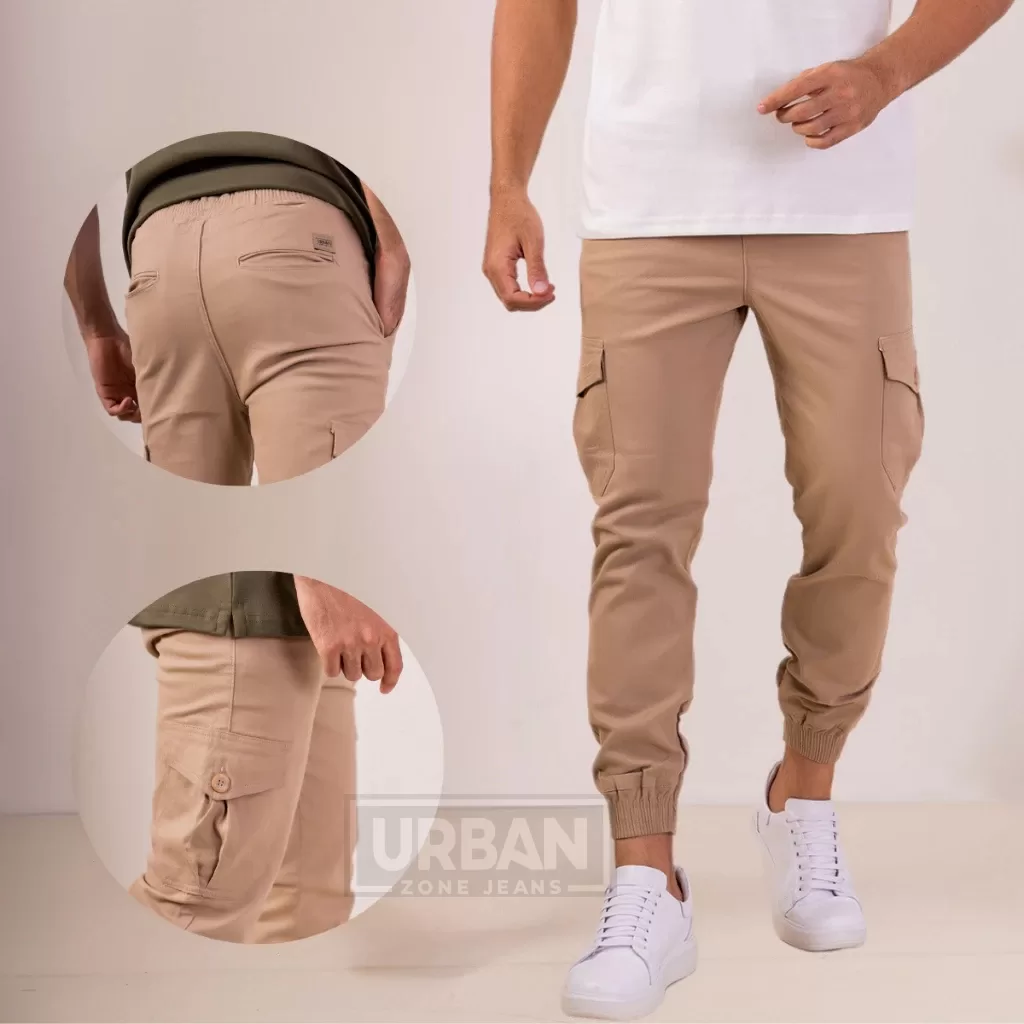 Calça Masculina Cargo Sarja Jogger Slim Bolsos Esporte Fino