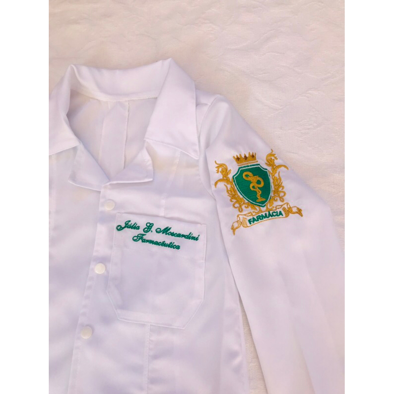 Jaleco Infantil Personalizado Brasão Farmácia Branco Unissex- Manga Comprida