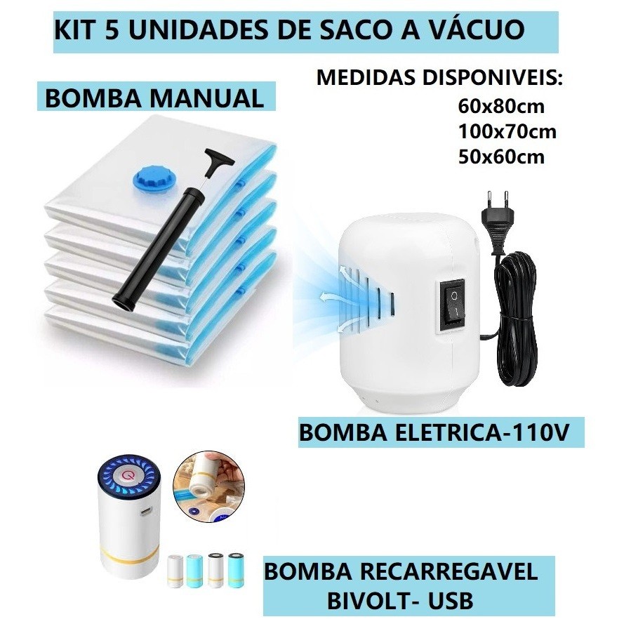 OFERTA KIT 5 Saco Organizador A Vácuo Para Viagem Ou Bomba De Ar Ou Eletrica USB Varias Medidas
