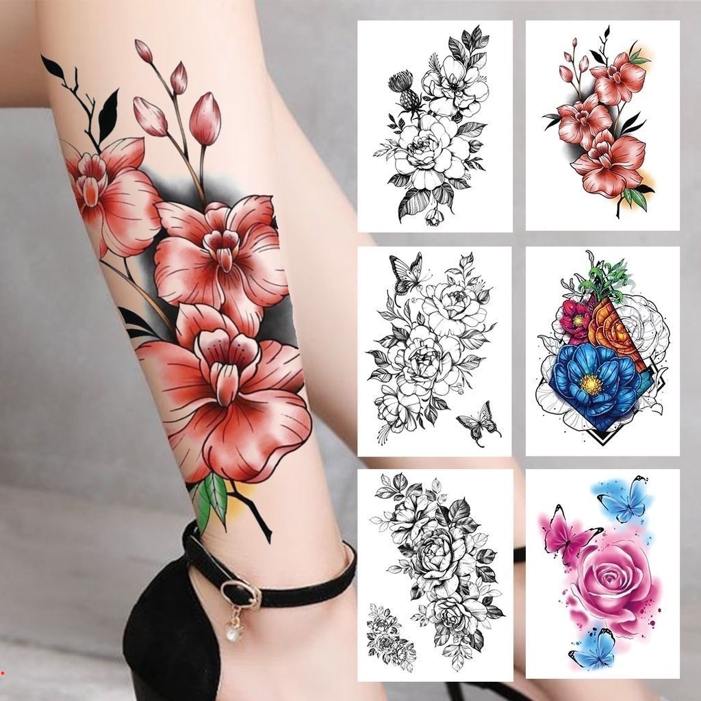 Tatuagem Temporária 3D Flor De Aquarela Para Meninas Falsas Rosa Autocolante Borboleta Renda Sweatpe