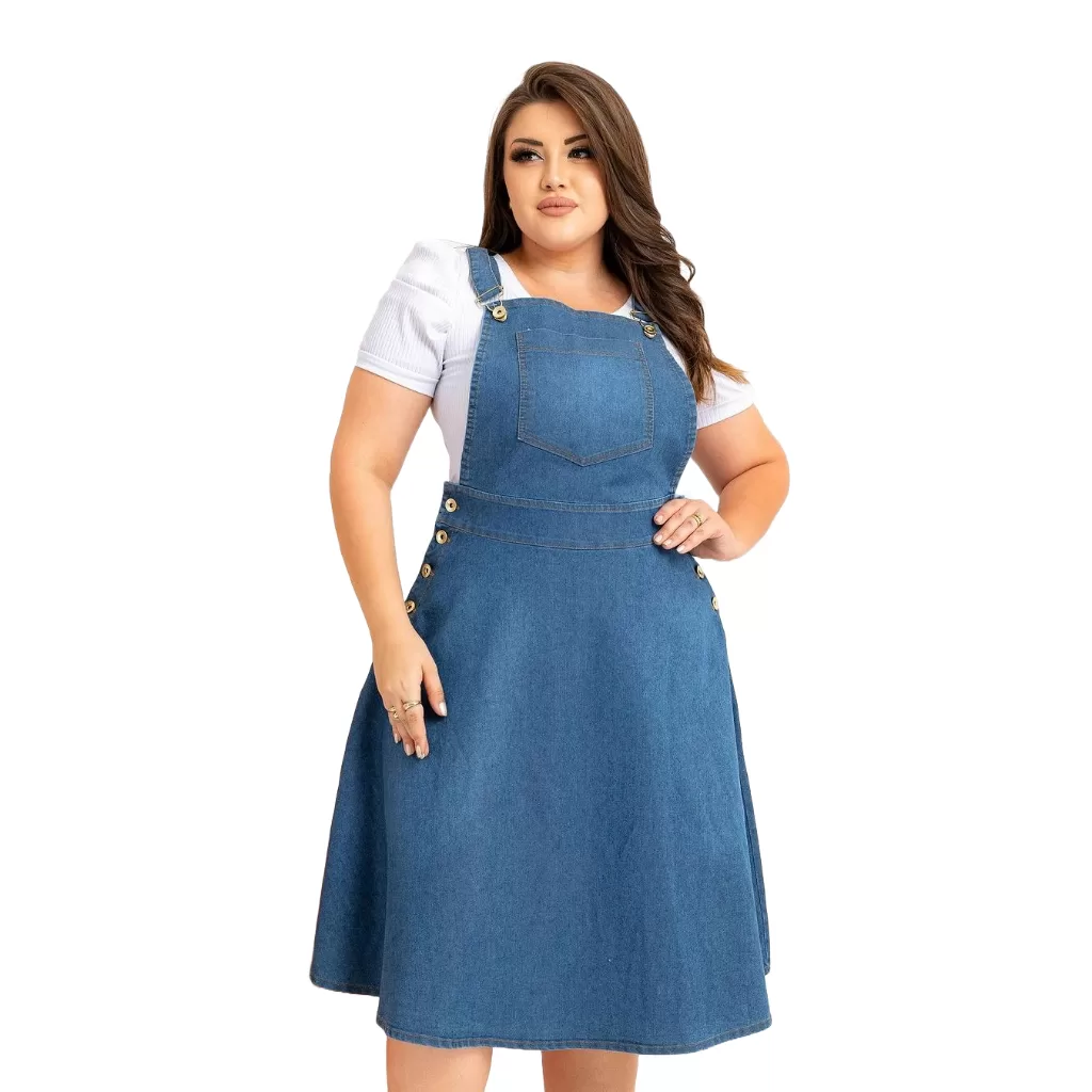 Salopete Midi Jeans Godê Rodada Jardineira Feminina Moda Evangélica IM