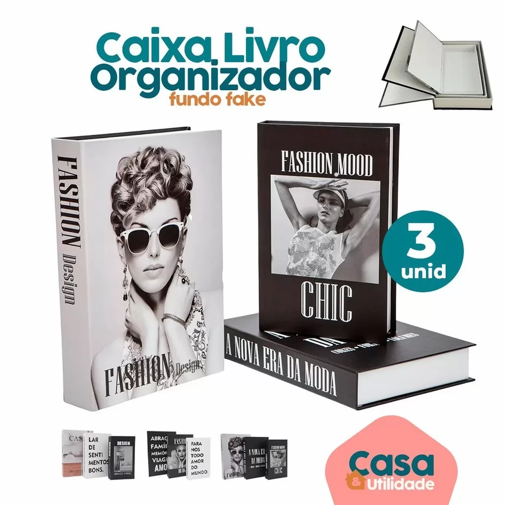 Kit 3 Livros Fake Livro de Mesa Caixa Organizadora Porta Objeto Decorativo