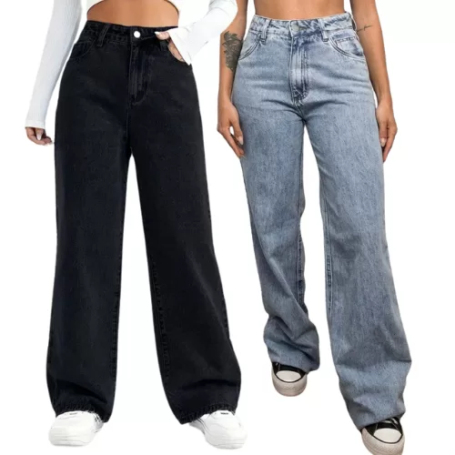 CALÇA WIDE LEG FEMININA JEANS PANTALONA 100% ALGO
