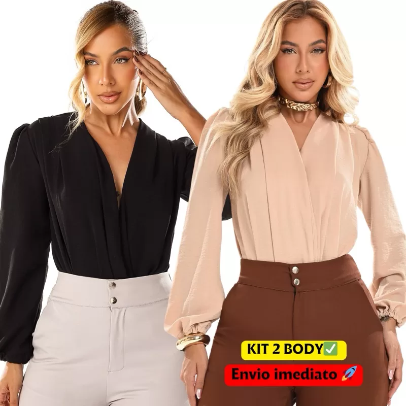 Kit 2 Body transpassado manga longa trabalho casual decote tendência blogueira elegante boho chic