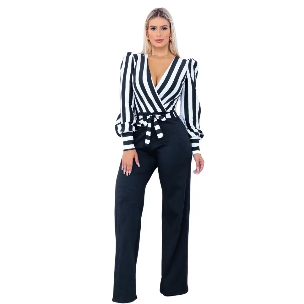 Conjunto Macacão Feminino Longo Pantalona Social Elegante chique com malha canelada decote em laço m