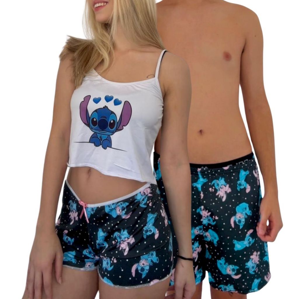 Kit Casal Pijama Namorados Modelo Cropped Virgínea e Samba Canção – Modelo Tradicional e Cropped