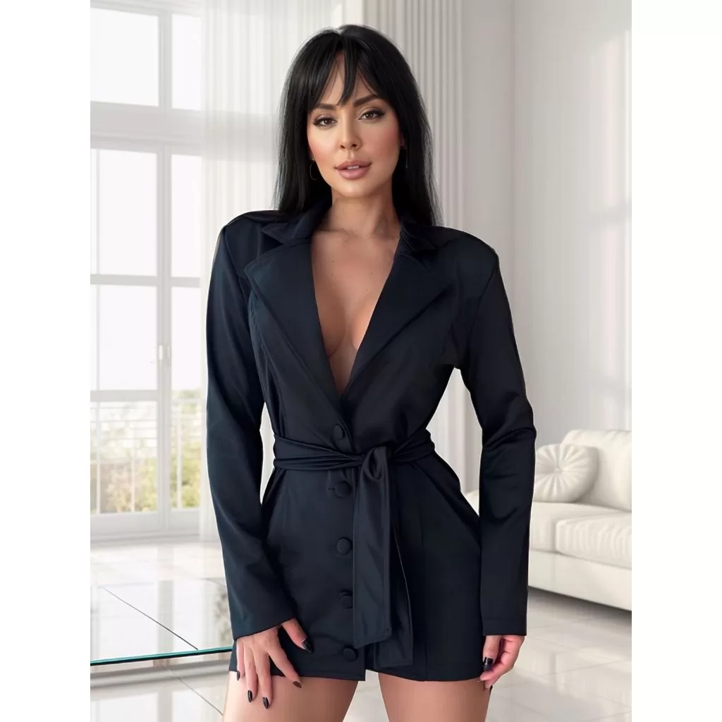 Macacão Curto Feminino Blazer Montaria Premium com Cinto Elegante Classico