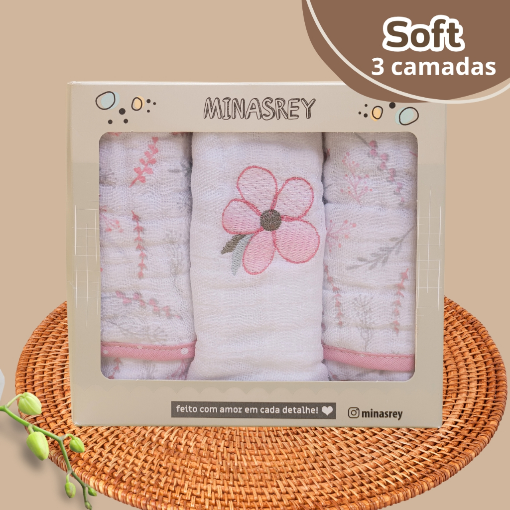 Pano de Boca Bebê Kit 3un Soft 20x40cm Bordado Prendedor de Chupeta 100% Algodão Enxoval Menina
