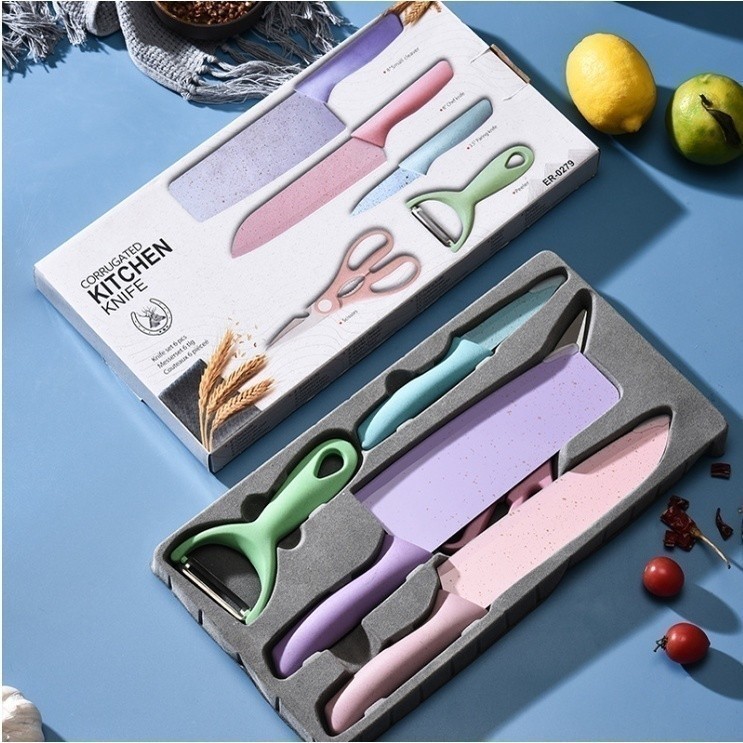 Kit Facas Coloridas 6 Peças com Tesoura e Descasc