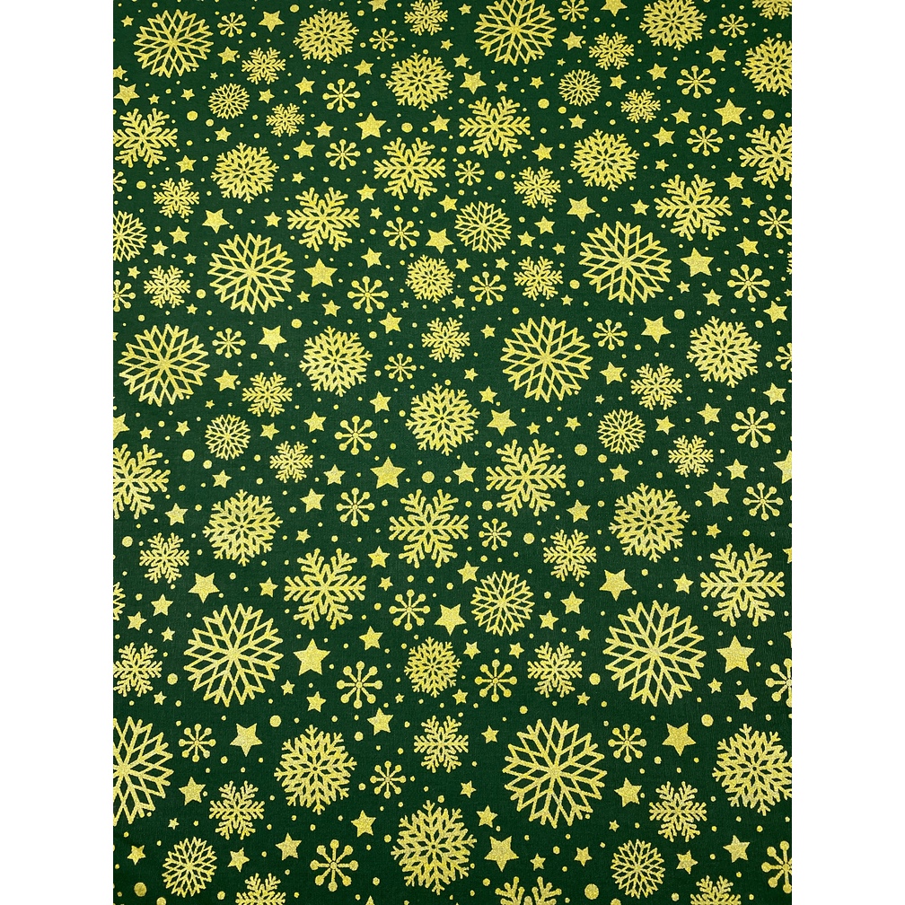 Tecido Tricoline Estampada Natal 100% Algodão – Flocos Dourado c/ verde