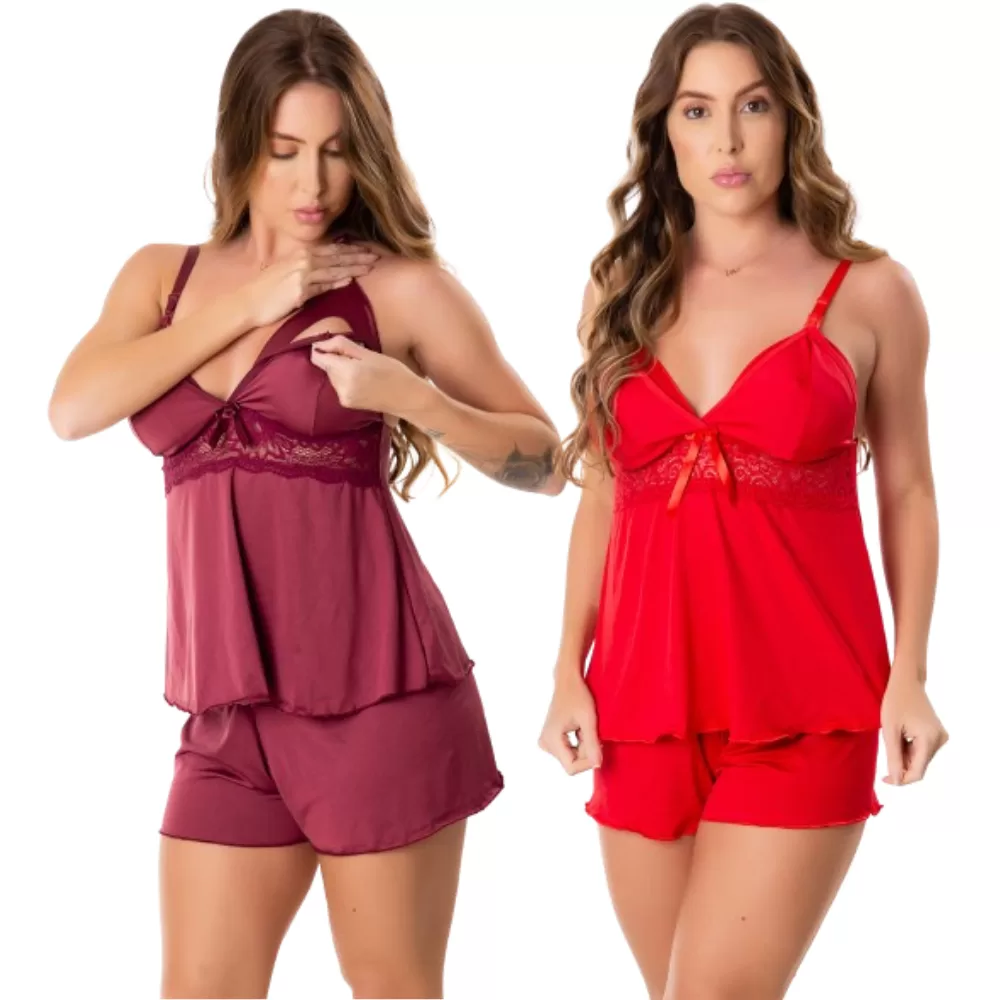 Kit 2 Baby Doll Amamentação Maternidade Pós Parto Gestante Short Para Dormir Abre Fácil Pijama