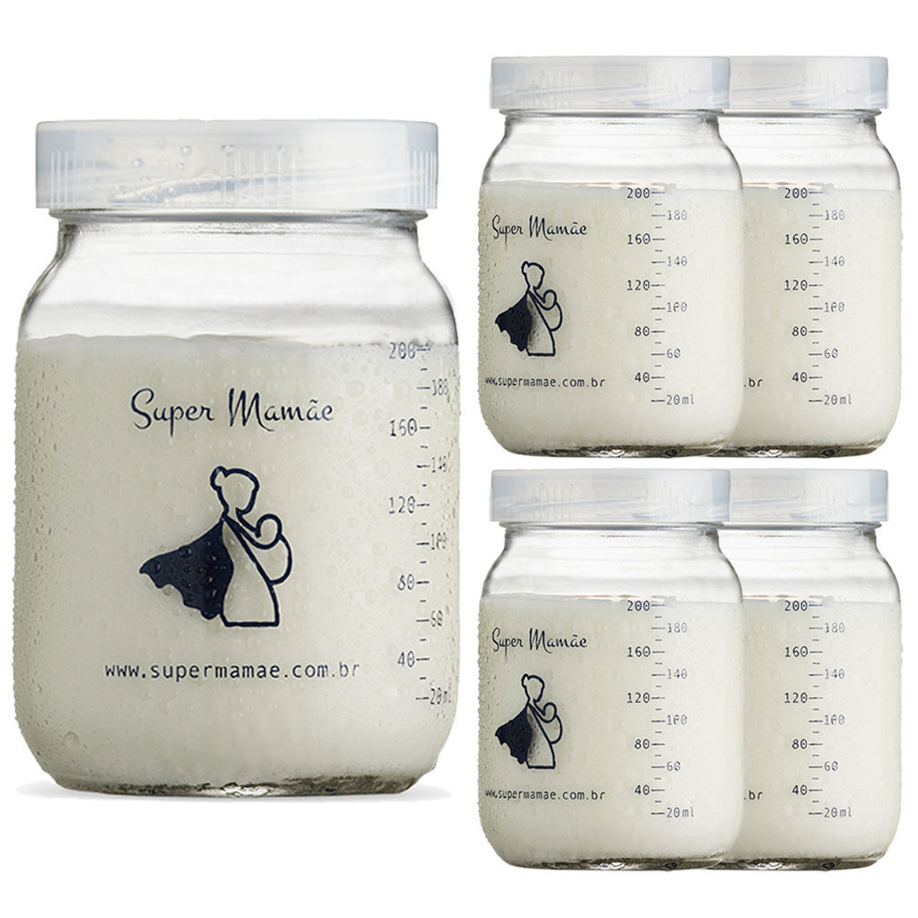 Kit 5 Potes de Vidro 200ml para Armazenar Leite Materno  Tampa Plástica BPA Free