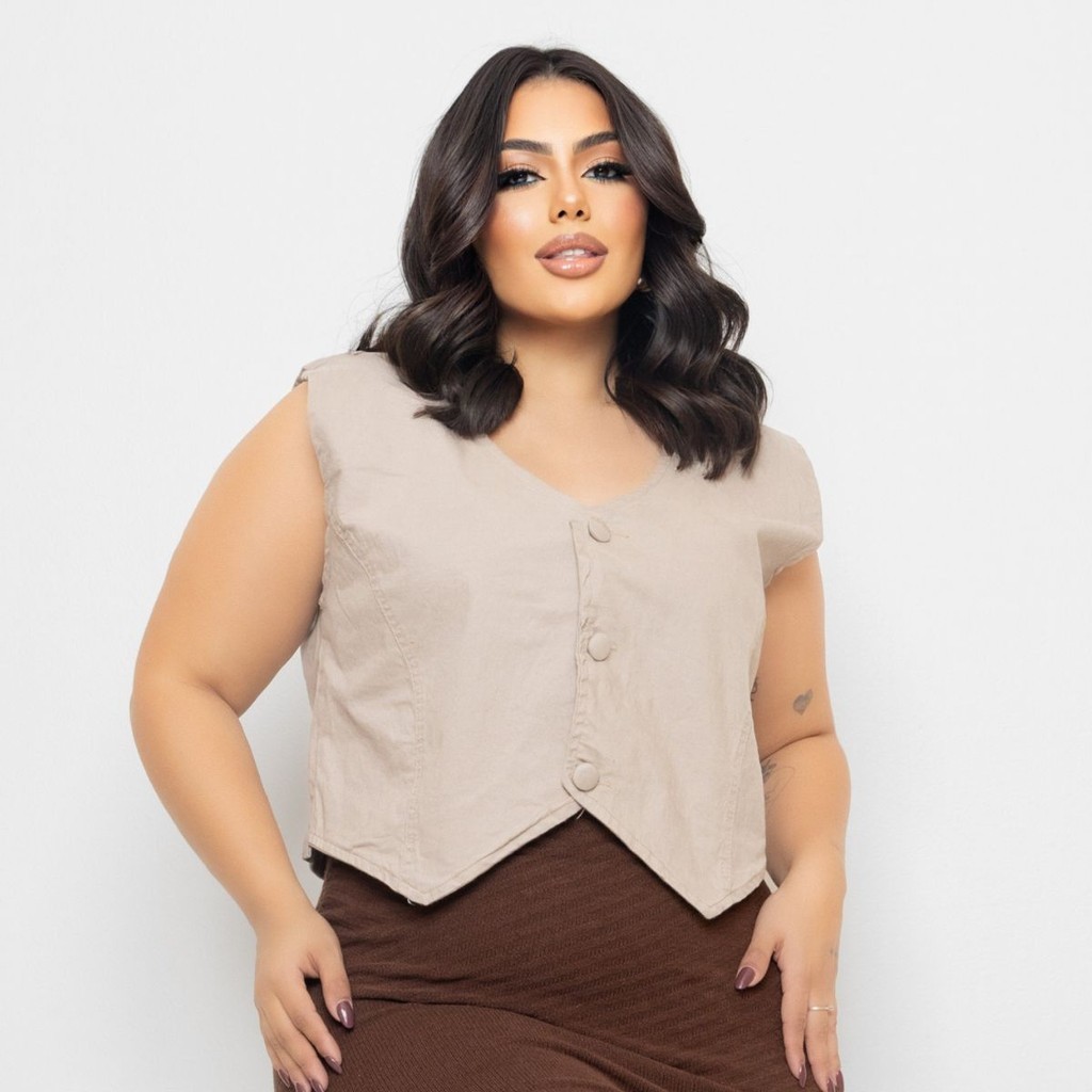 Cropped Colete Jeans Plus Size Bege Botões Frontais Liso