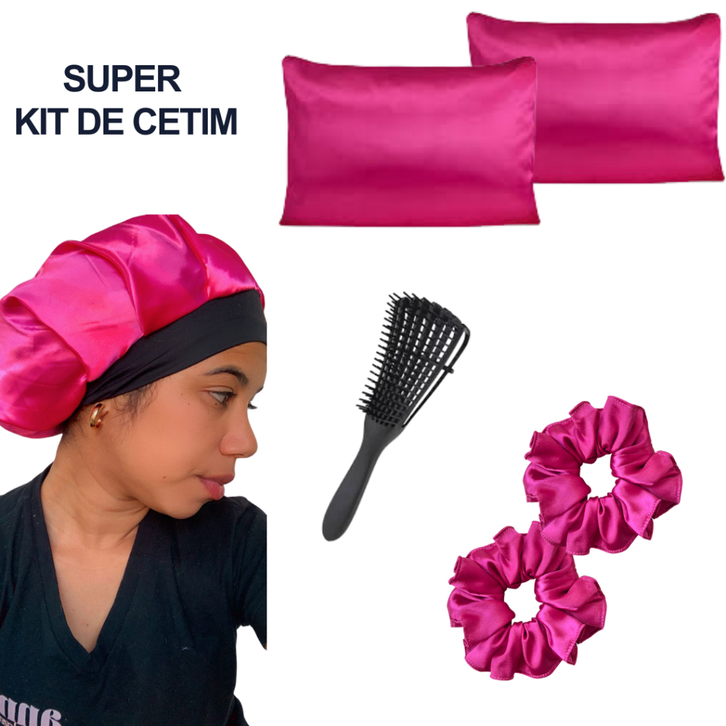 Kit Touca de Cetim com faixa Antifrizz toca de cetim seda fronha de cetim escova polvo e xuxa cetim