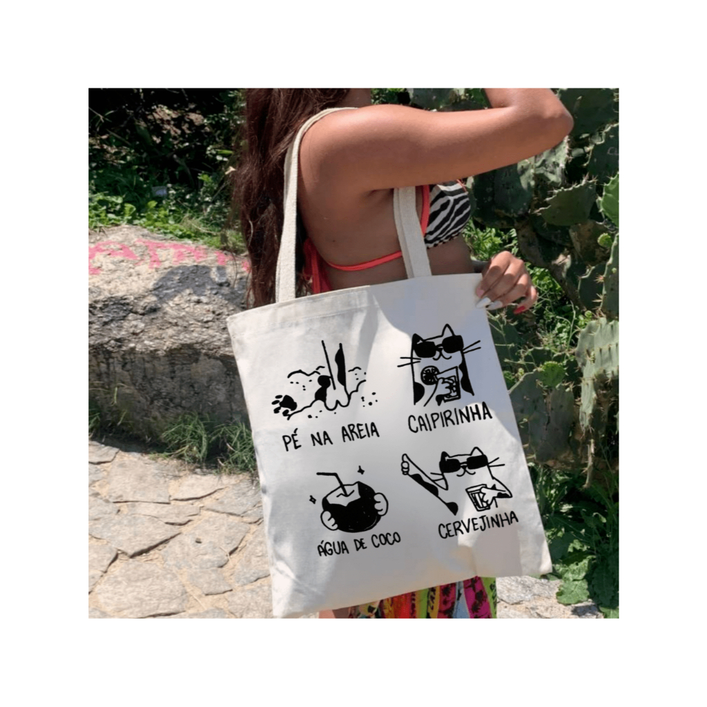 Ecobag Grande Algodão Bolsa Ecológica Estampada VIVANT CAT para Compras, Praia e Academia