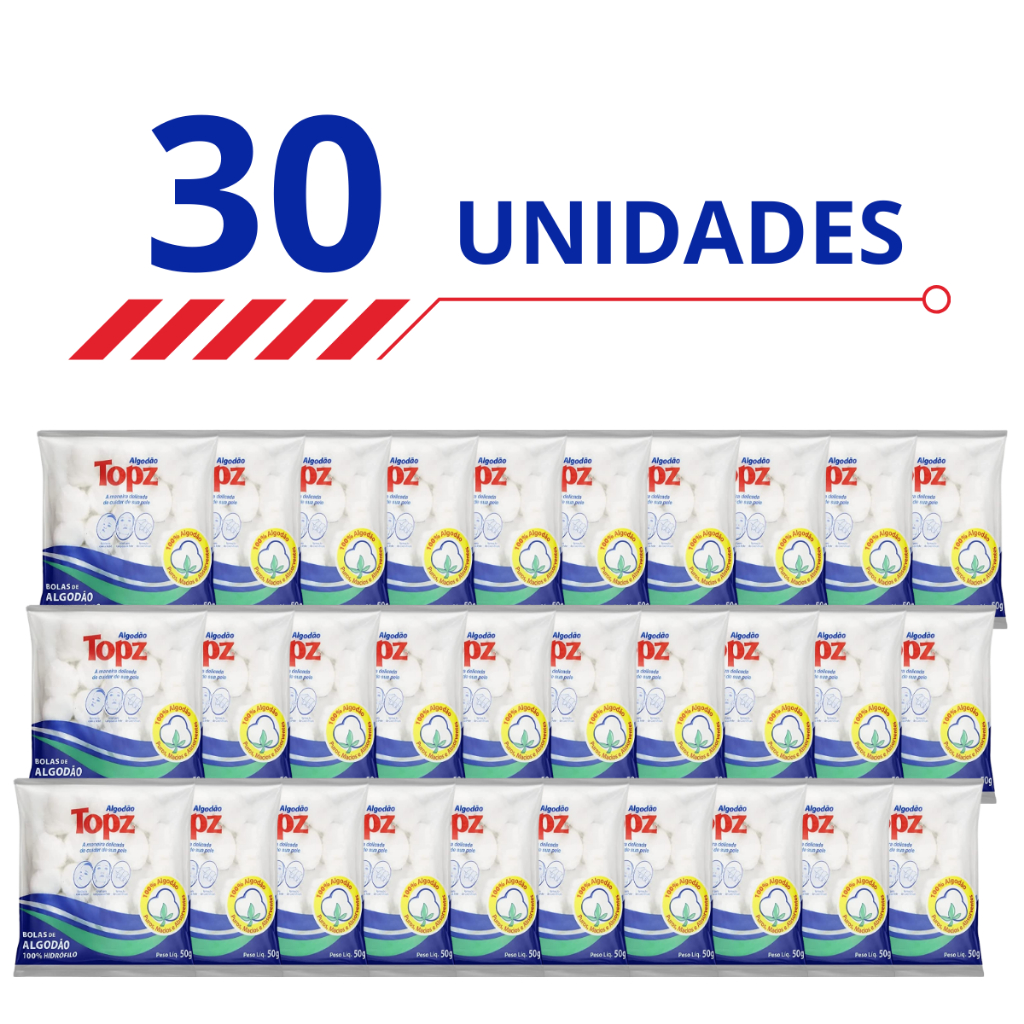 Kit 30 Algodão Topz em Bolas Hidrófilos Puros Macios e Absorventes 50g