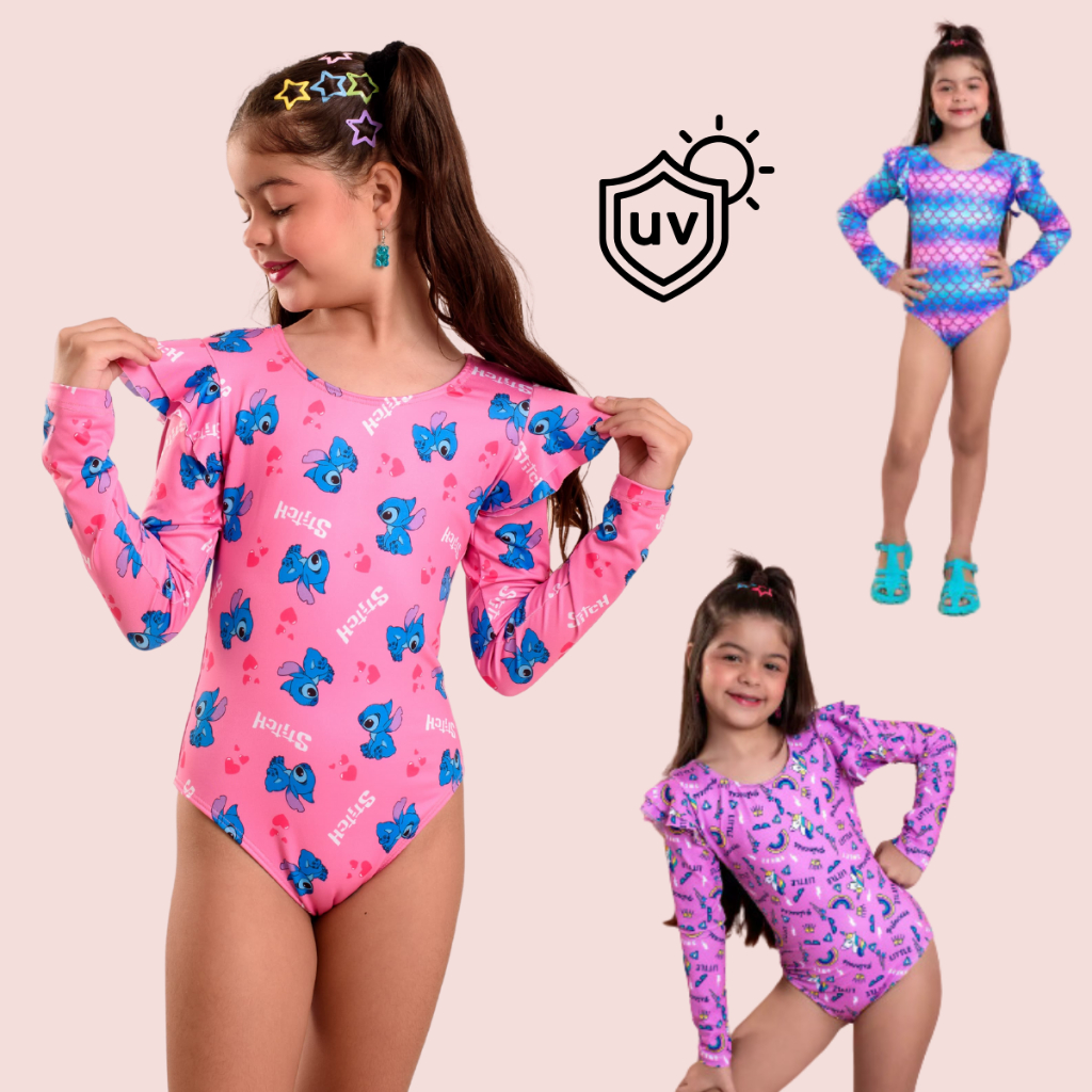 Maiô Infantil Manga Longa com Proteção UV Stitch para Meninas maio praia natação piscina