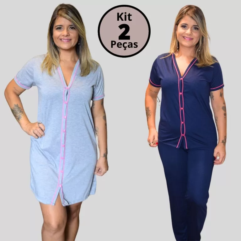 Kit de Pijama Feminino Amamentação botões + Cam