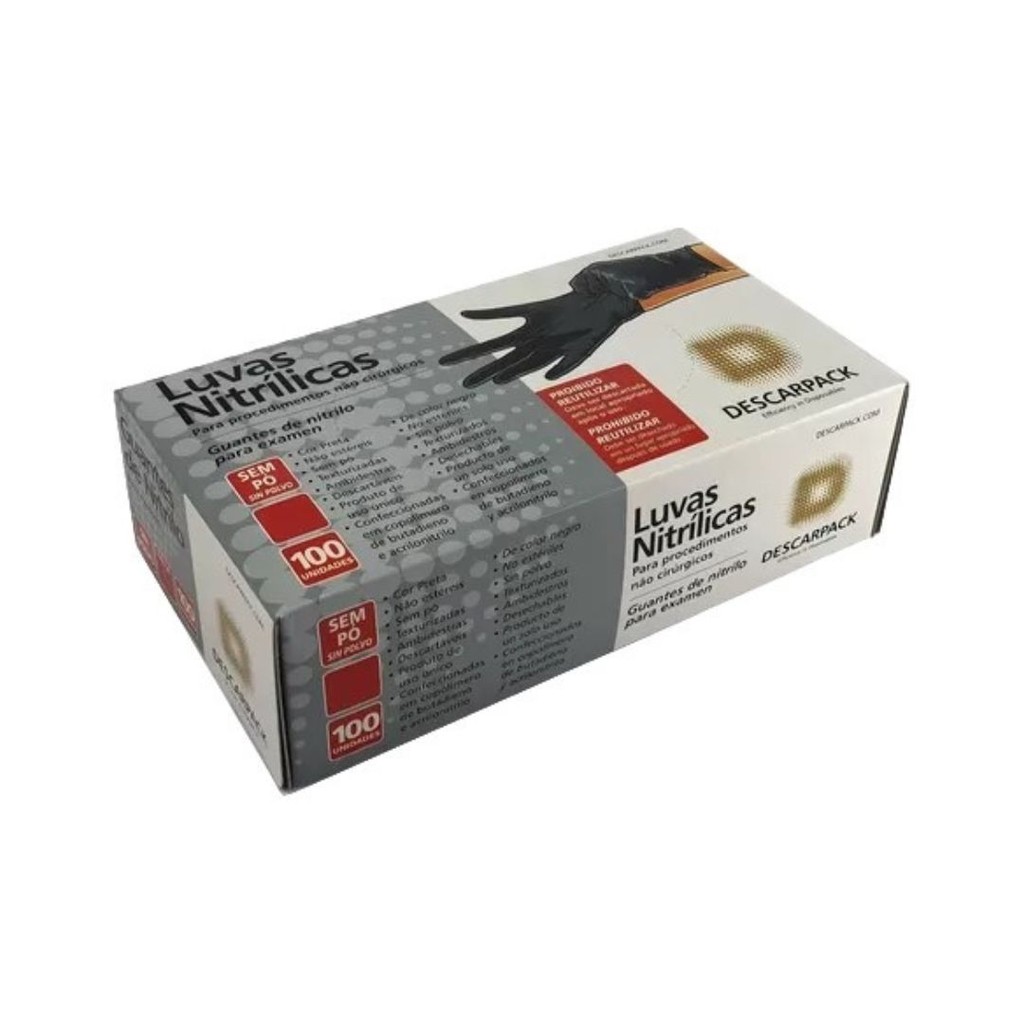Luva Nitrílica Preta Sem Pó Descarpack  100 unidades