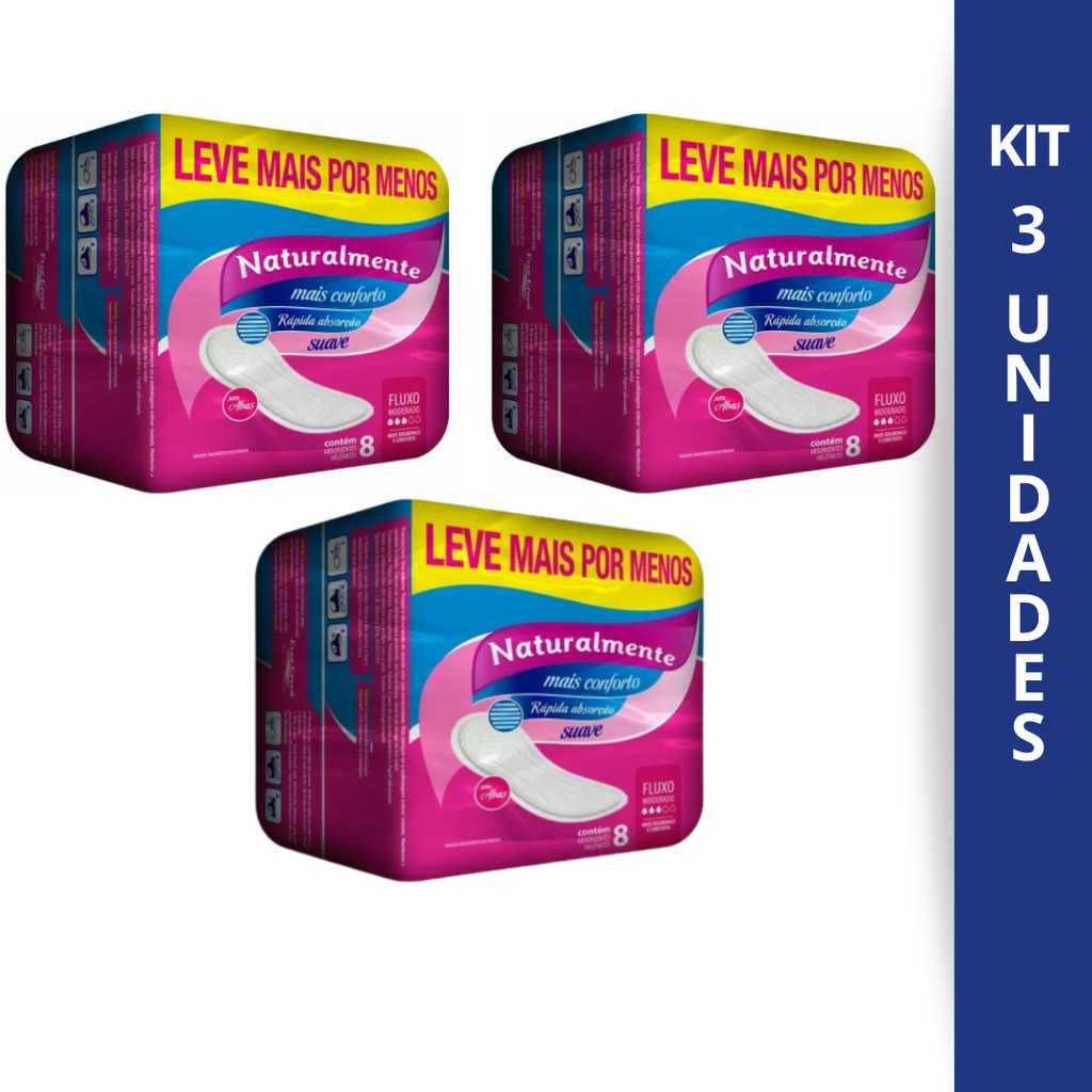 Kit 3 Absorvente Naturalmente Sem Abas Leve+ Pague- Contém 8 Unidades