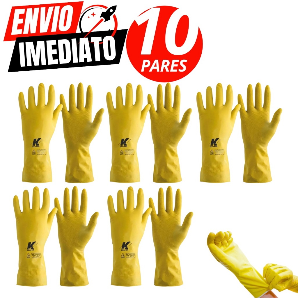 Kit 10 Pares Luva De Latex Amarela Multiuso Forrada Antiderrapante Impermeável Para Limpeza Louça Fa