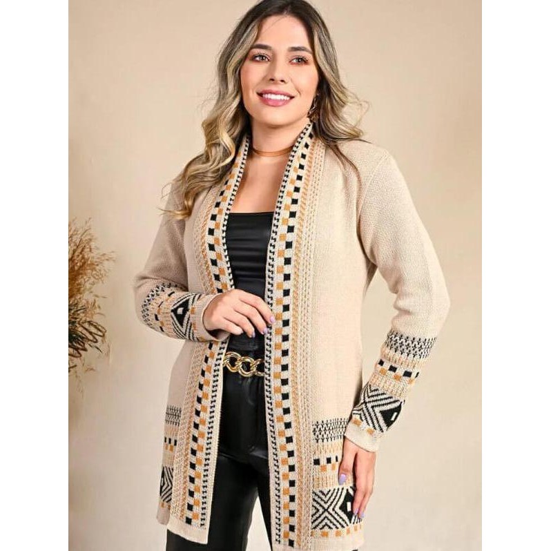 Cardigan  Kimono Tricot Feminino Quadriculado Casaco Teddy Manga Longa Aberto Elegante WM Malhas