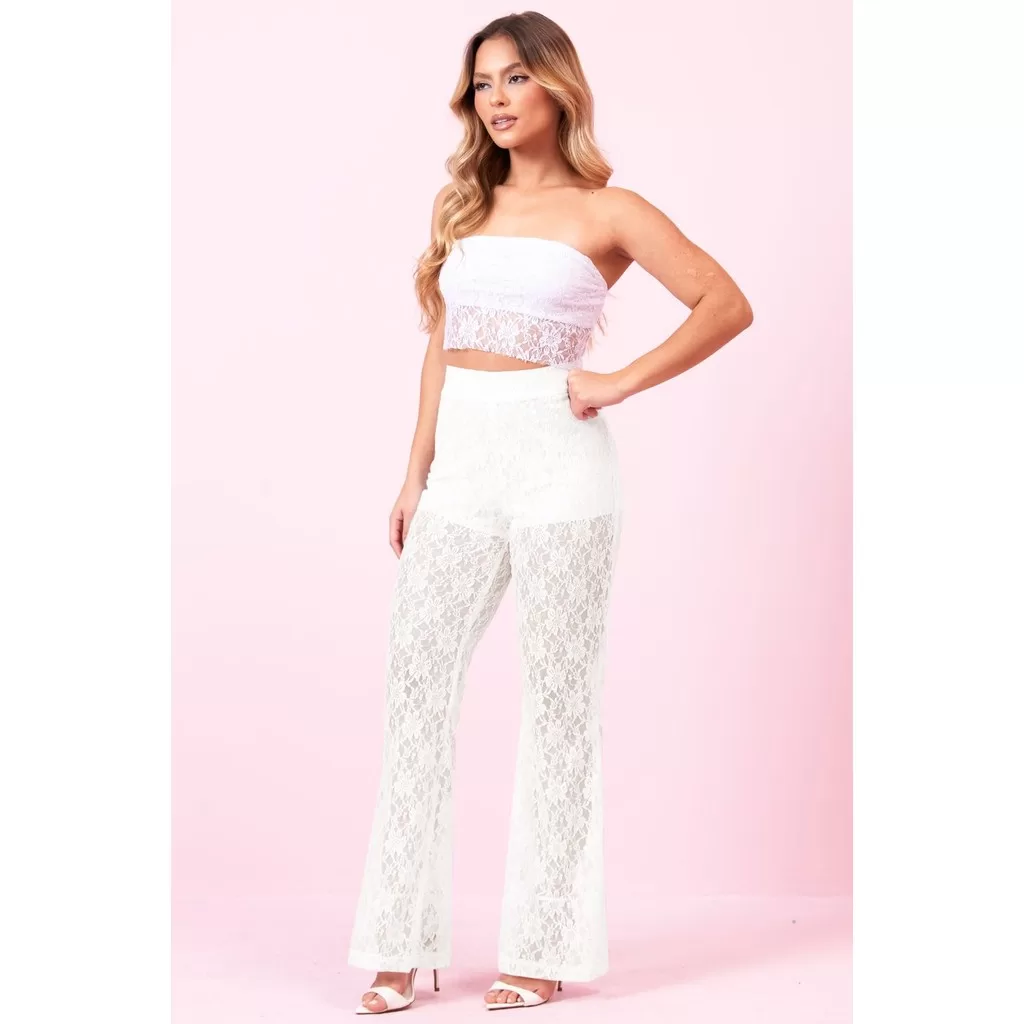 Calça Feminina Pantalona Casual Renda Planet Girls Off White