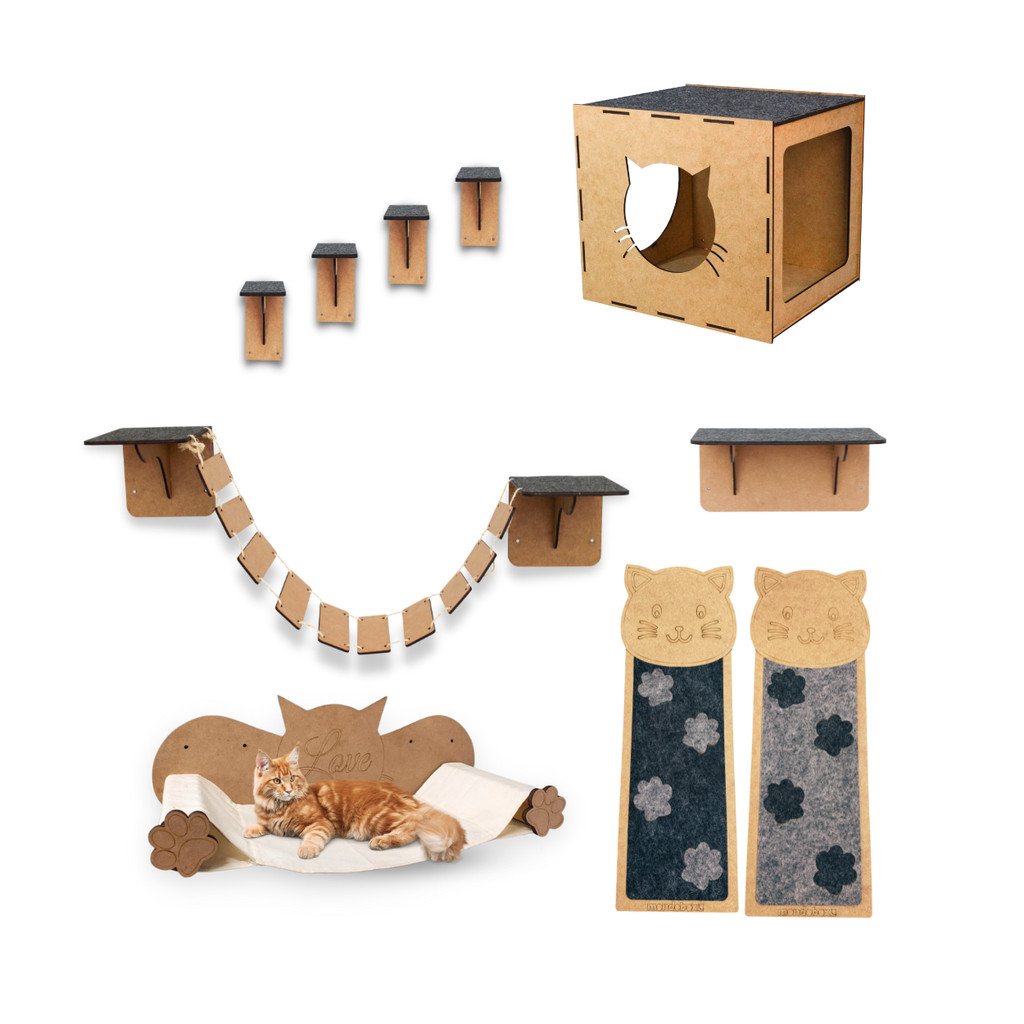 Kit Playground Para Gatos 10 Peças Em Mdf Gatificação 4mm Com Arranhador