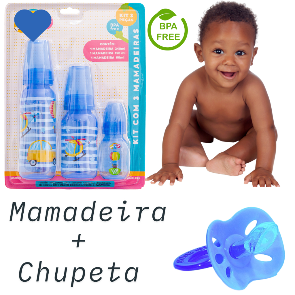 Kit 3 pçs Mamadeiras 60ml 150ml 240ml + Chupeta Tamanho 2   *Envio Sortido*