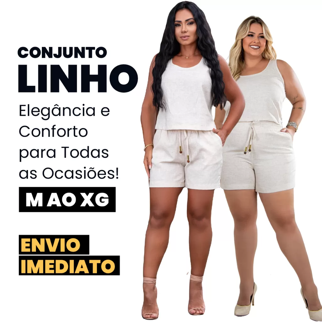 Conjunto de Linho Plus Size Elegante com Bolso e Short com Elástico Primavera Verão 2025