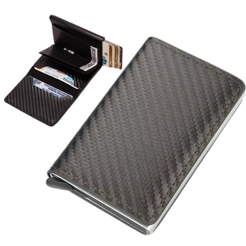 Carteira Porta Cartão Crédito Pop-up  Inteligente Mágica Fibra de Carbono Slim Antifurto Preta Smart