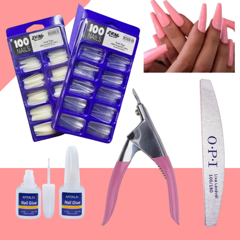 KIT UNHA POSTIÇA BAILARINA REALISTA – Leitosa ou Transparente + Cola com Pincel + Cortador de Tips +