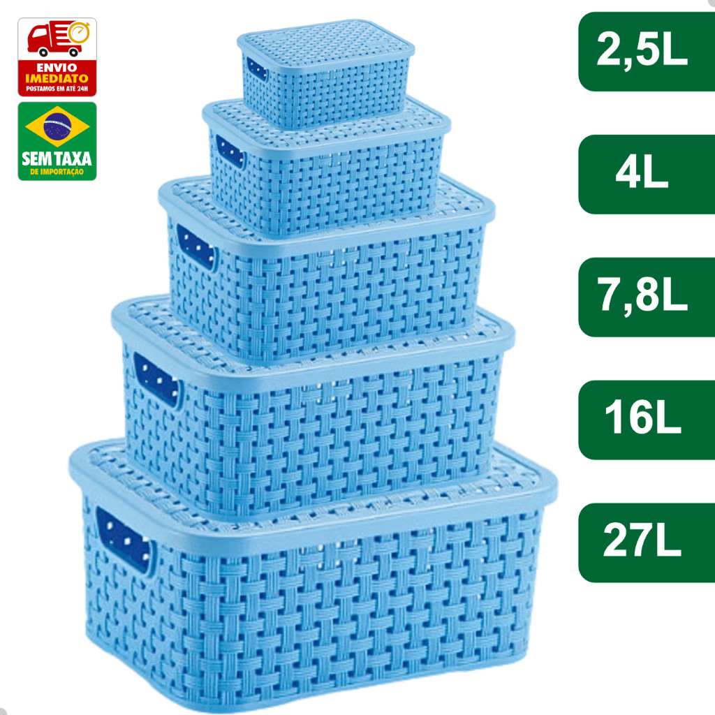 Kit 5 Cesto Organizador Caixa Rattan Multiuso Plastico Com Tampa LigBrin