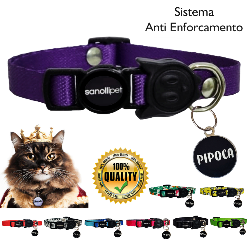 Kit Coleira De Gato Com Sistema Anti Enforcamento Mais Plaquinha Com Nome E Telefone Roxo Luxo