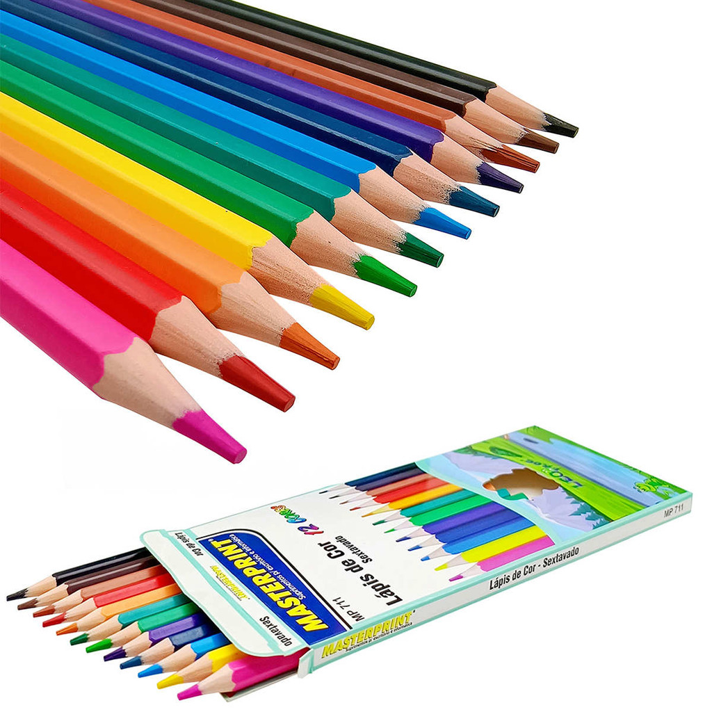 Lápis de Cor 12 Cores Clássicas Sextavado Não Tóxico Caixa de Lápis Colorido Masterprint MP-711