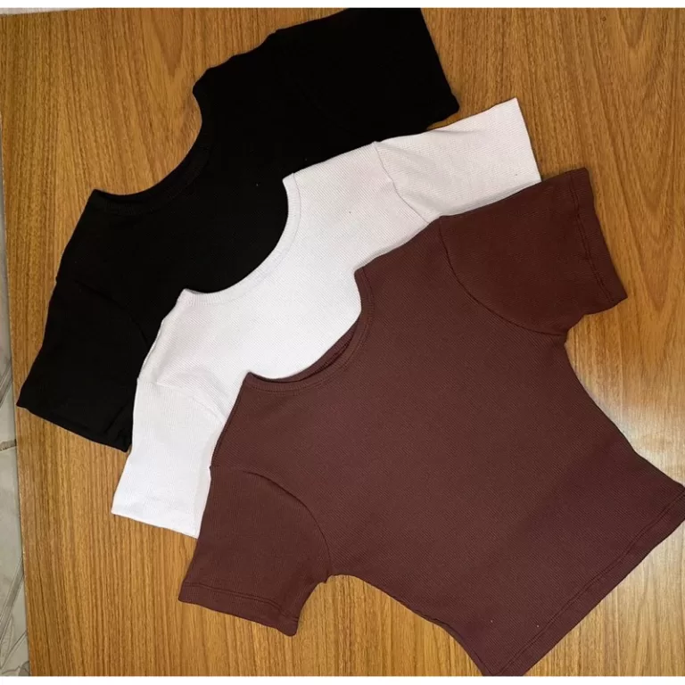 Kit 3 peças Cropped Canelado Algodão Manga Curta