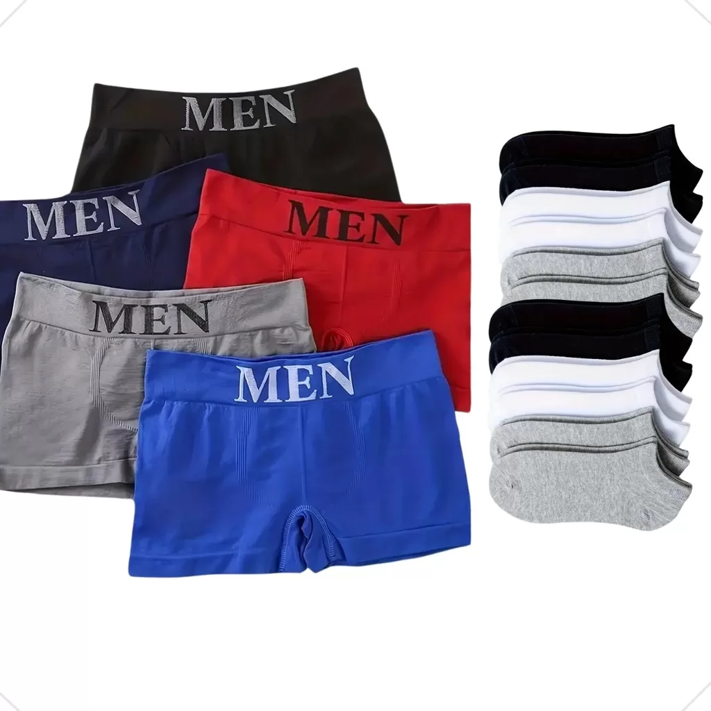 Kit 5 Cuecas Boxer em Microfibra e 6 Meias Soquete Conforto e Qualidade