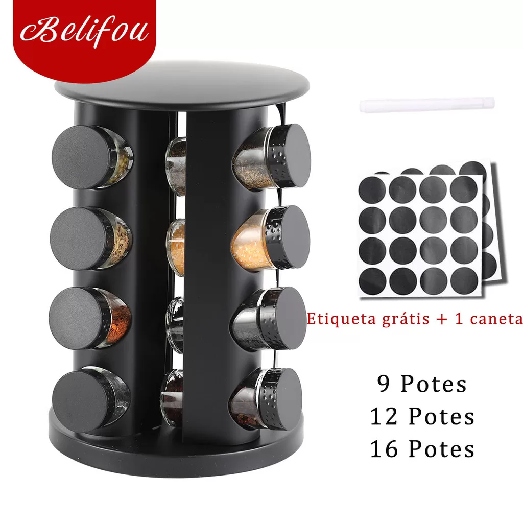 Belifou Porta Tempero Giratorio Com 9/12/16 Potes Vidro Suporte Para Especiarias Giratório 360 Graus
