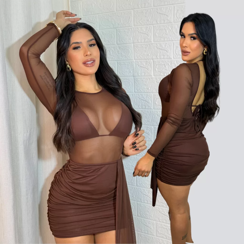 Vestido Curto Tule Feminino Com Top Manga Longa Franzido Festa