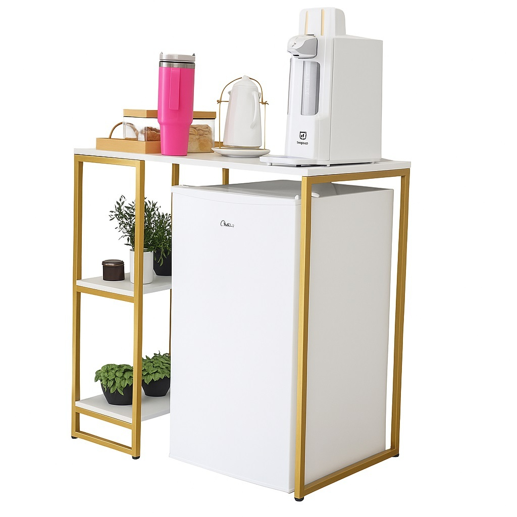 Mesa Balcão Estilo Industrial com Prateleira Café Frigobar Aço e MDF Bancada Moderna Decorativa