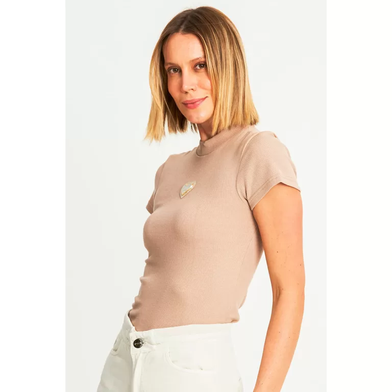Blusa Feminina Gola Alta Polo Wear Bege Claro