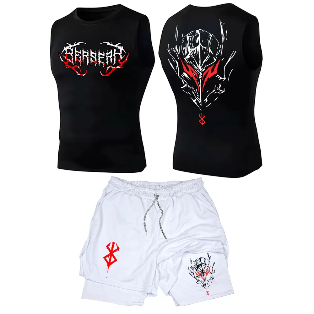 Kit Academia Regata Compressão E Short 2 em 1 Compressão Bersek Anime Cavaleiro Moda Geek Manga